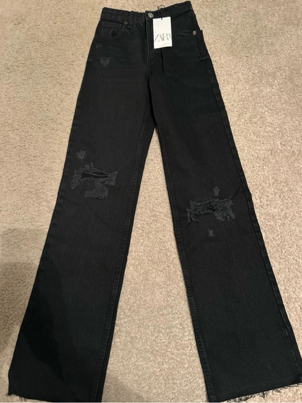 Zara Black High-Rise Distressed Straight Jeans